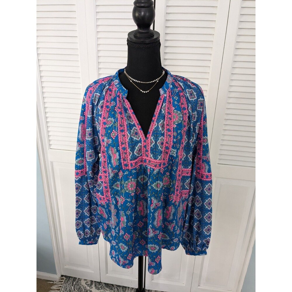 Tolani Collection Top Women's sz S Blue Pink Peasant Blouse Boho Hippie Bohemian